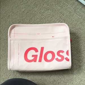 Glossier Pale Pink Canvas Pouch with Bright Coral Logo